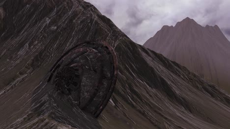 alien ship wreck in mountainous landscape