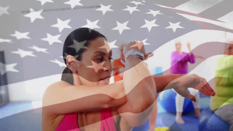 animation of flag of usa over diverse people exercising