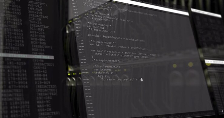 Semi-transparent terminal window floating over 3D rack hardware, showing code lines and yellow LEDs