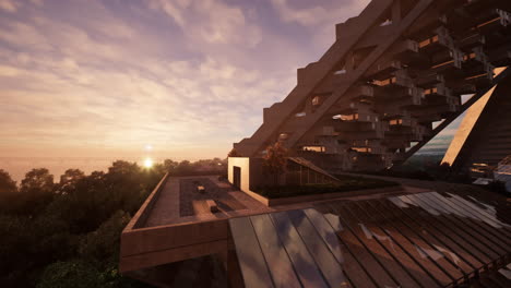 modern futuristic building with a rooftop terrace