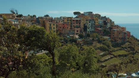 Impresionante-Corniglia,-Cinque-Terre,-Con-Frondosos-árboles,-Ciudad-Costera,-Mar,-Cielo-Soleado