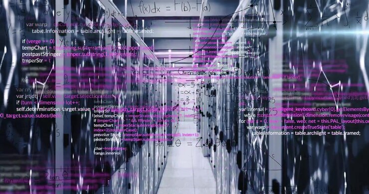 Digital Data Center Server Room with Overlaid Programming Code and Network Graphics