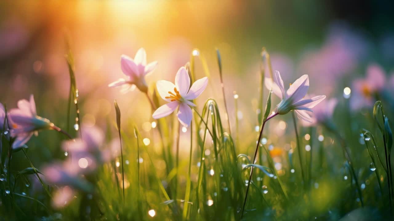 Close-up, low-angle shot of delicate flowers in a dewy meadow, bathed in warm, golden light