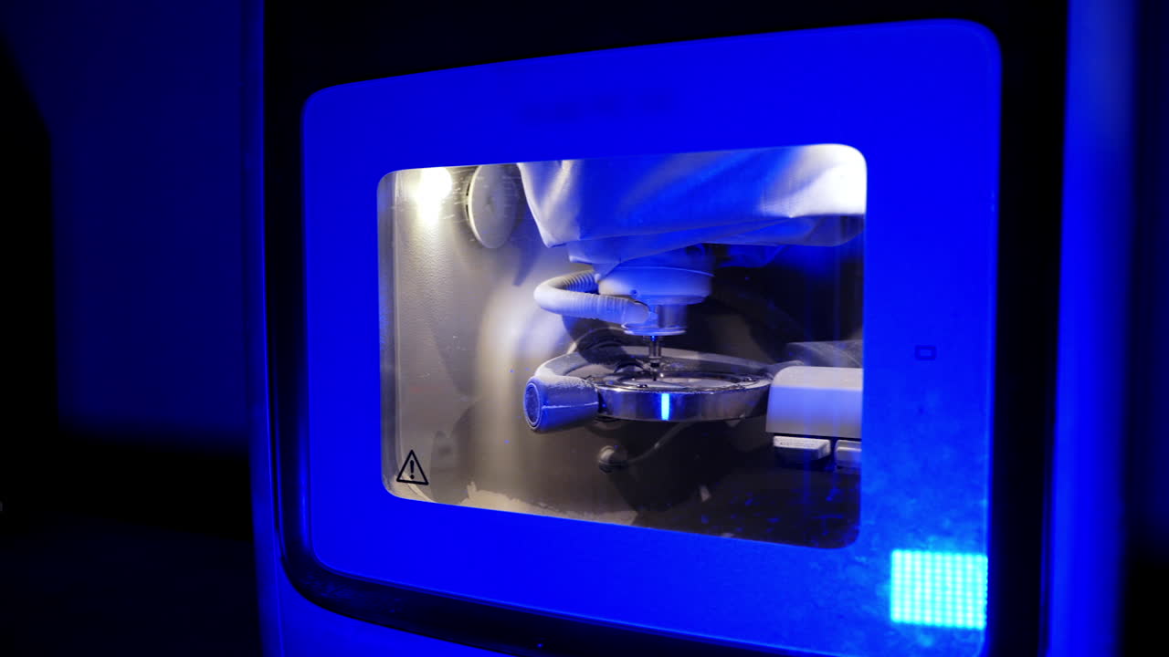 Work of dental device. Advanced milling machine in laboratory. Dental machine carving out shape of human teeth. Modern medical technologies. Blue light.