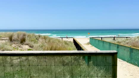 pathway leading to a vibrant beach scene