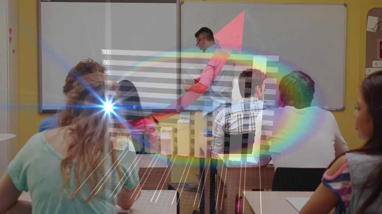 datos gráficos sobre el maestro usando la pizarra durante la clase de adultos.