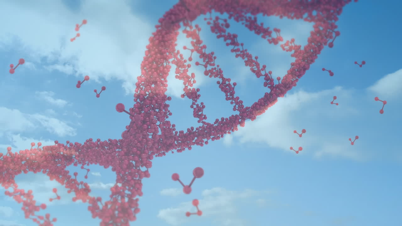 Animation af en 3D DNA-streng, der snurrer, og databehandling over en sovende baby.