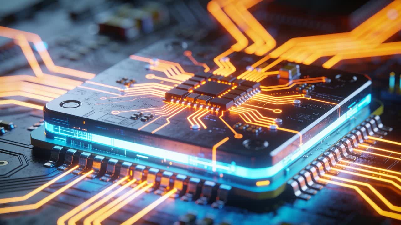 Powering multi-layer microchip emitting blue rim and pulsing orange traces across PCB for signaling