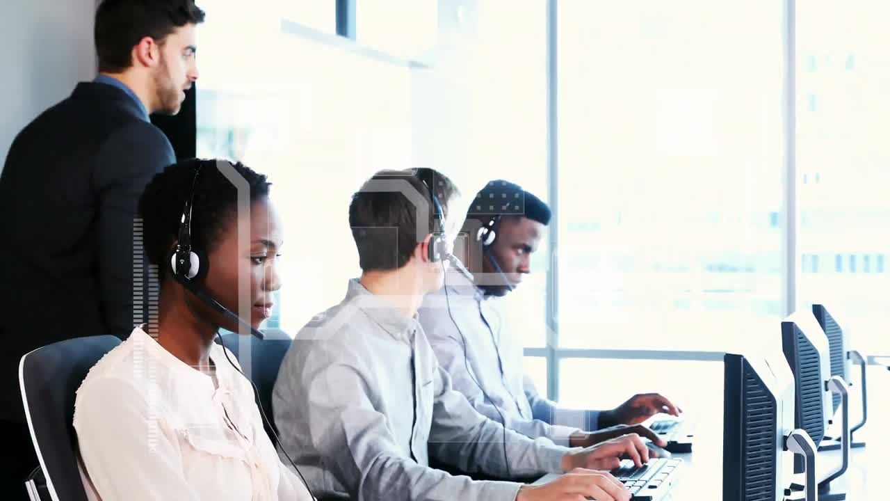 Animation of digital markers processing over business people using phone headsets