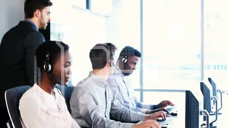 animation of digital markers processing over business people using phone headsets