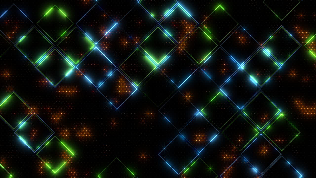 Vibrant grid glowing squares in blue, green, and red on black background