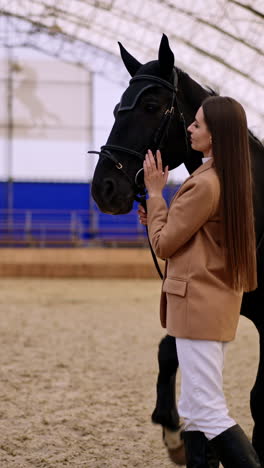 lady horse-rider with a beautiful black horse at the manege. woman holding a horse by the bridle and caressing the animal. vertical video