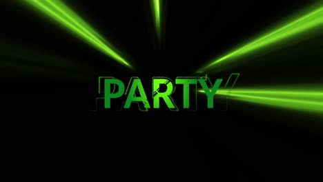 animation of party text over neon light trails on black background