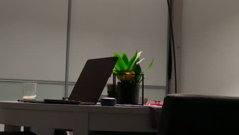 laptop, empty glass and flower in dark flowerpot stay on table in room