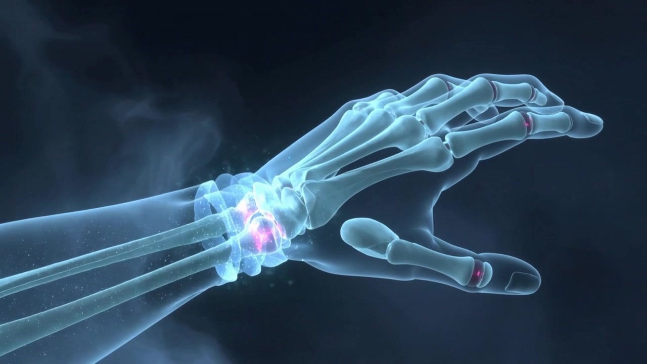 On play, rotating clear arm-hand opening fingers in dark nebula, showing pink wrist rings for study