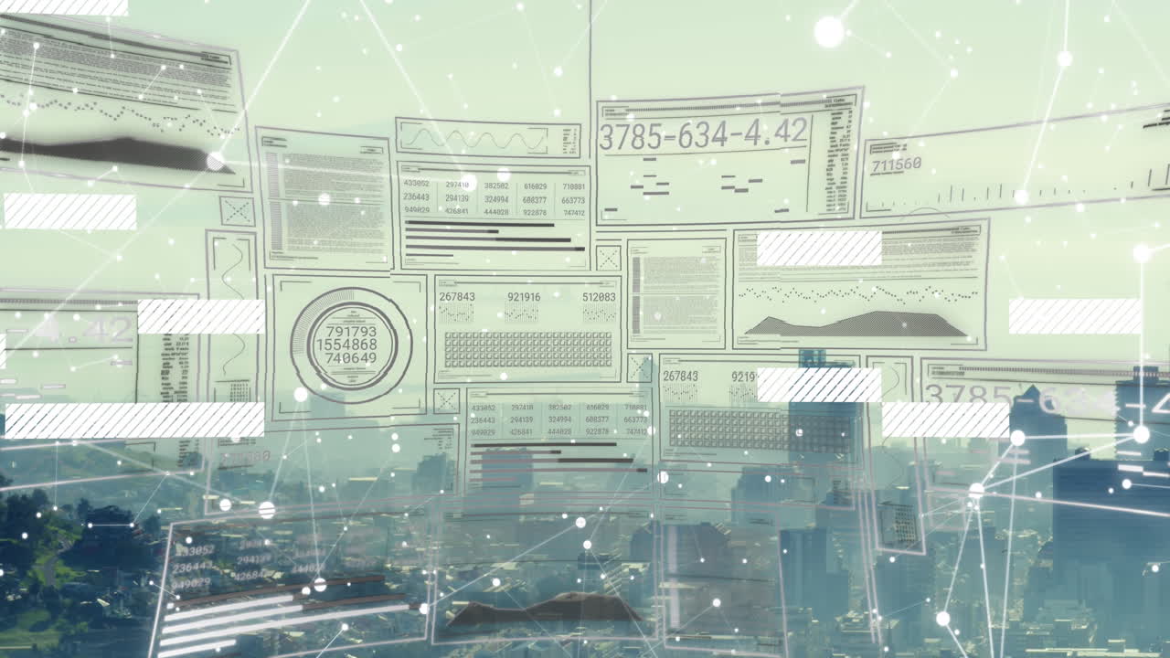 데이터 처리 및 연결 네트워크와의 인터페이스의 애니메이션 도시 풍경의 공중 전망을 통해