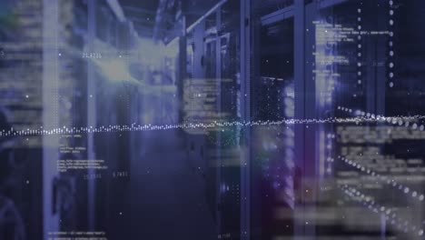 animación del procesamiento de datos y punto de luz contra la sala de servidores de computadoras