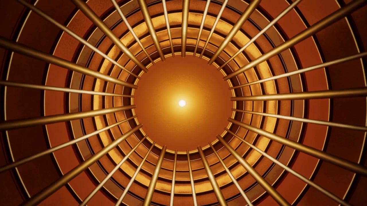 Opening centered shot showing ringed lattice rotating and zooming into shaft showing amber disc