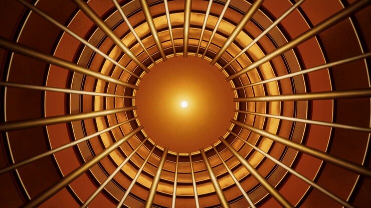 Opening centered shot showing ringed lattice rotating and zooming into shaft showing amber disc