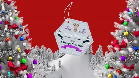 animation of christmas text over fir trees in winter landscape
