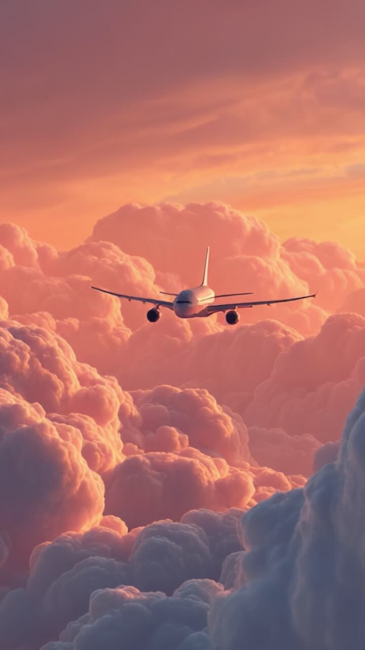 A Serene Journey Through Cotton Candy Clouds: An Airplane's Majestic Flight Amidst a Vibrant Sunset Sky Filled with Soft, Fluffy Clouds
