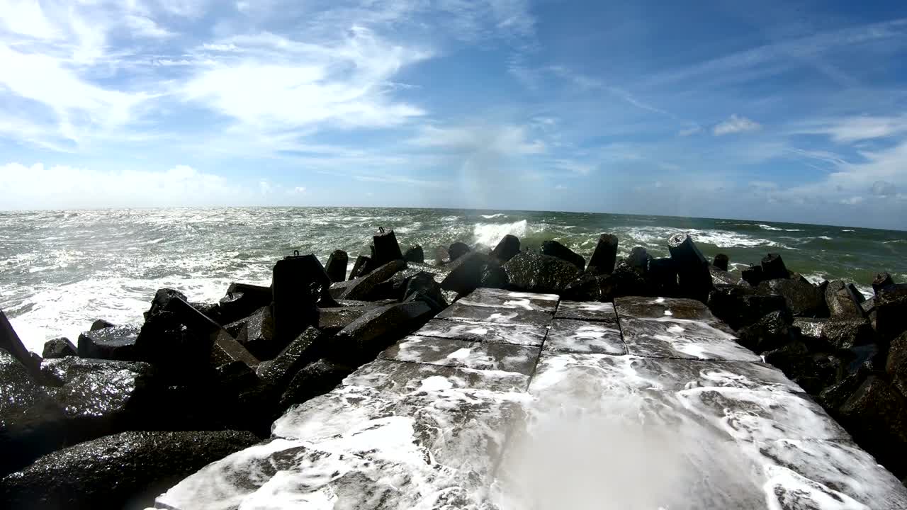 Dyke protection with concrete groins, breakers, North Sea, Denmark, 4K