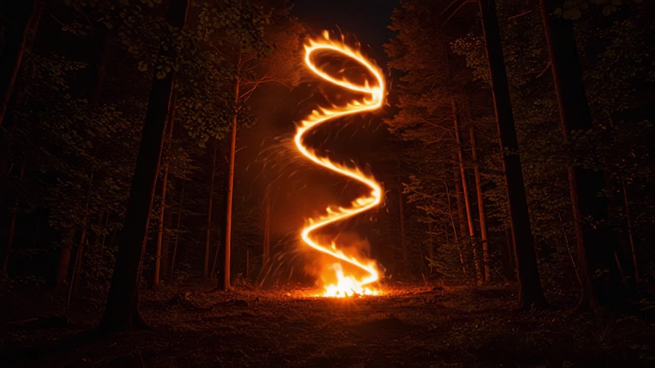 A mesmerizing spectacle of fire spiraling upwards in a dark forest, illuminated by the enchanting glow, creating a captivating visual of nature's raw energy and artistry