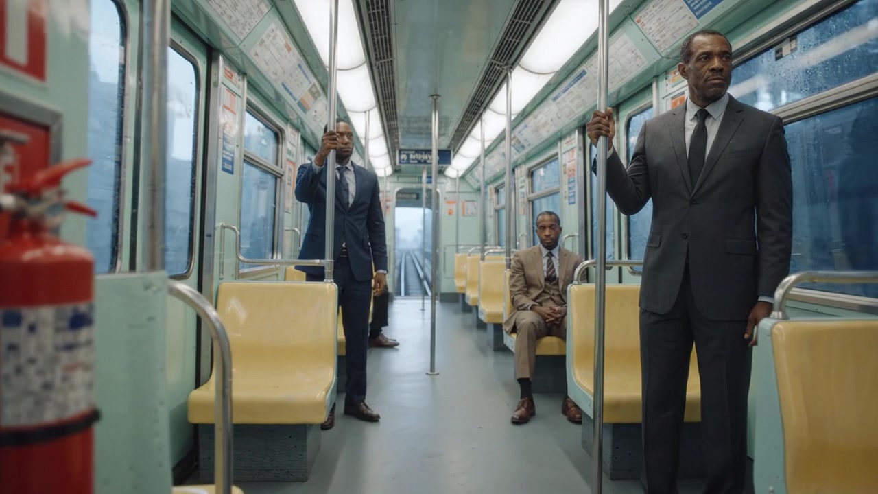 A tense atmosphere in an empty subway train, featuring three well-dressed men, highlighting the contrast of solitude and professionalism in urban commuting.