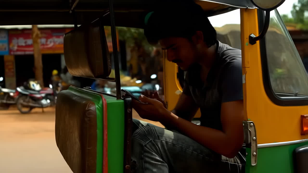 Man using a smartphone in an auto-rickshaw