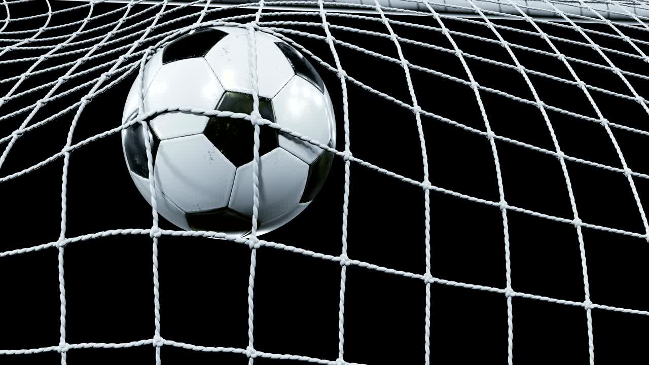 Futbol Topu Ağır Çekimde Kale Ağına Uçuyor. Alttan Görünüm. Gol Anının Güzel Futbol 3 Boyutlu Animasyonu. Alfa Kanalı Yeşil Ekran.