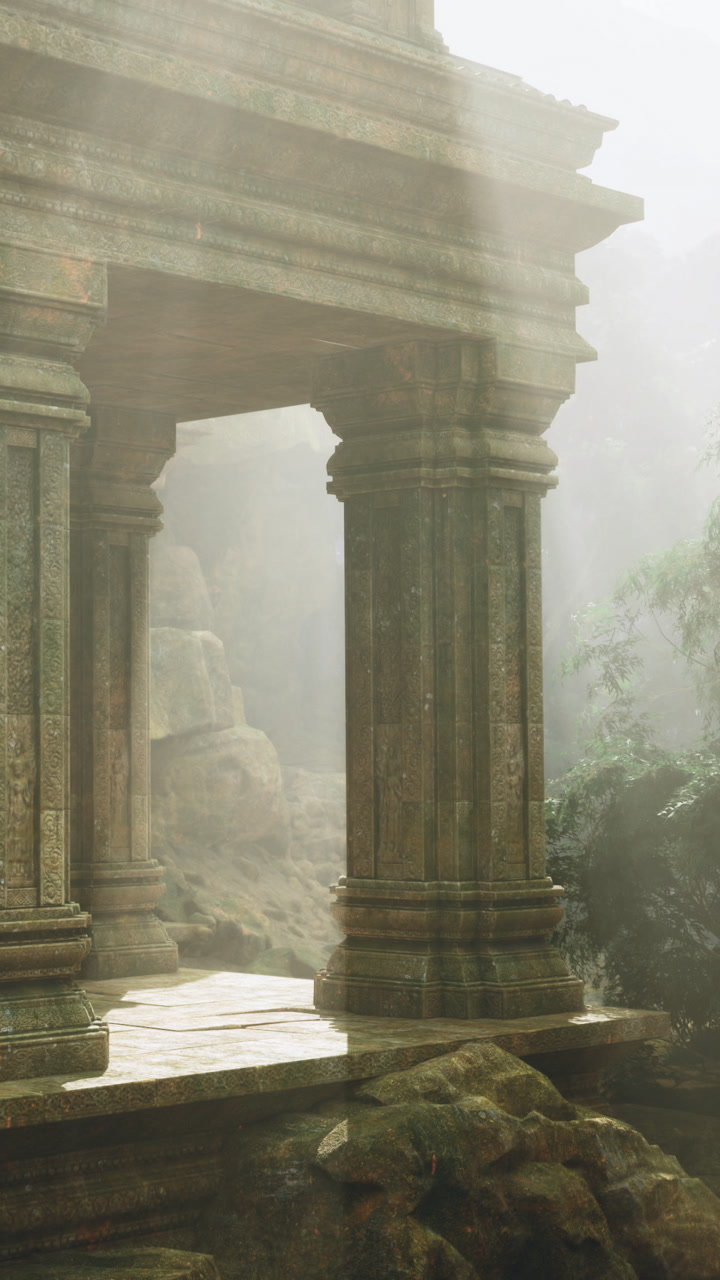 Ancient stone temple emerges in misty forest under soft golden light