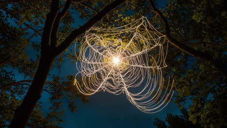 a captivating view of a spiderweb illuminated by soft light, creating a stunning visual effect among the trees in the night sky