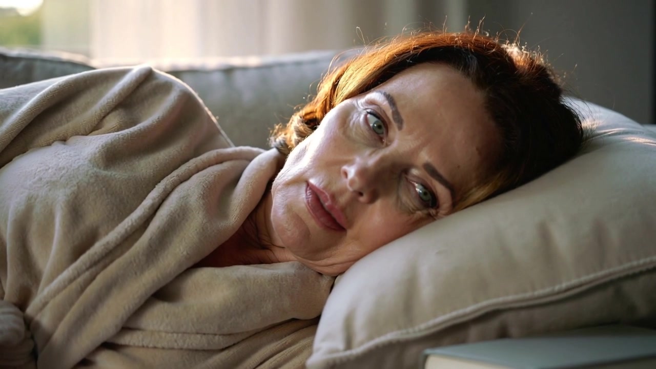 Blinking, woman in bathrobe resting on living room sofa, daylight lulling beside pillow and books