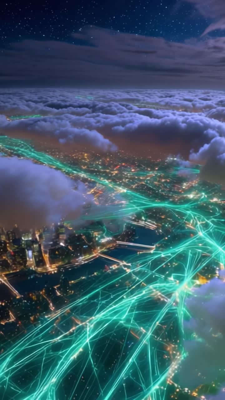 Vista aerea delle luci della città e del paesaggio nuvoloso notturno con scie di luce verde neon che creano un motivo dinamico sopra il paesaggio urbano.