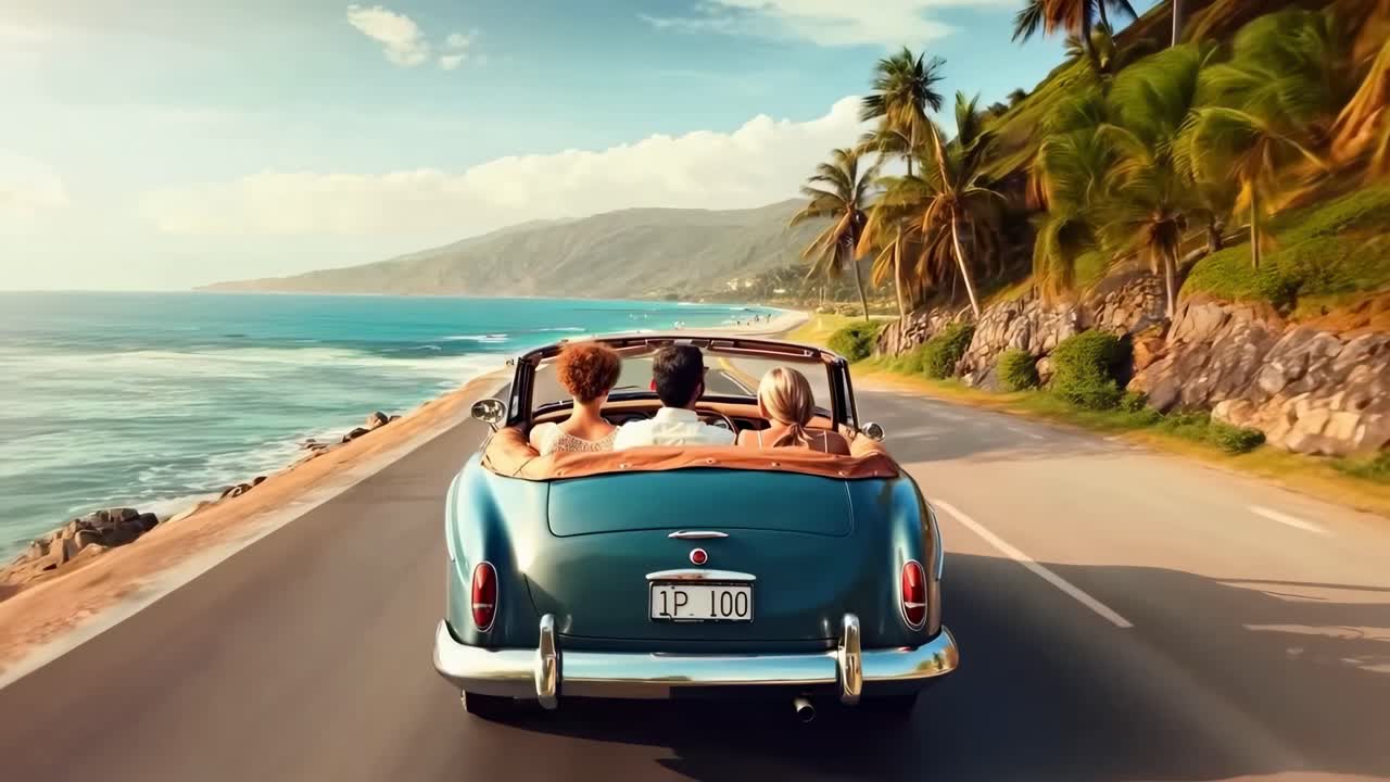 Video captures a rear-view angle of a vintage convertible on a coastal road, with friends enjoying