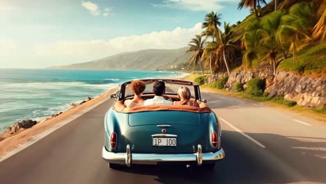 video captures a rear-view angle of a vintage convertible on a coastal road, with friends enjoying