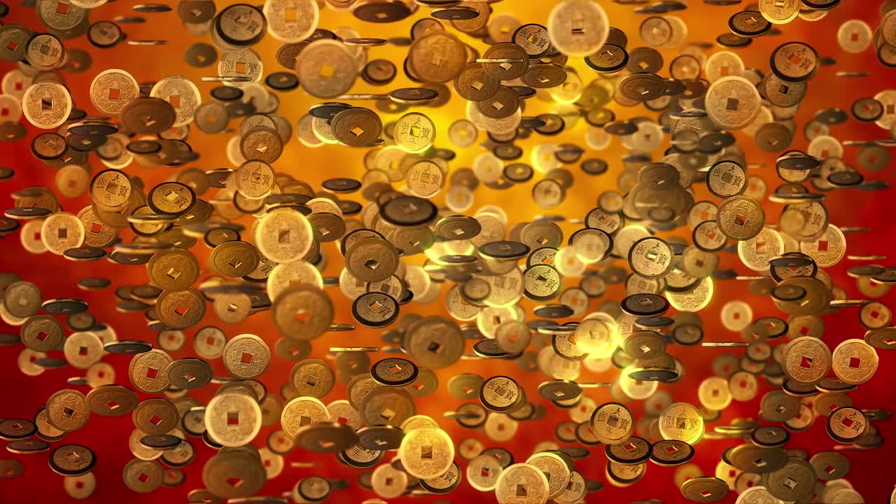 fondo de año nuevo chino, monedas de oro textura 3d. renderización 3d 4k, bucle sin costuras