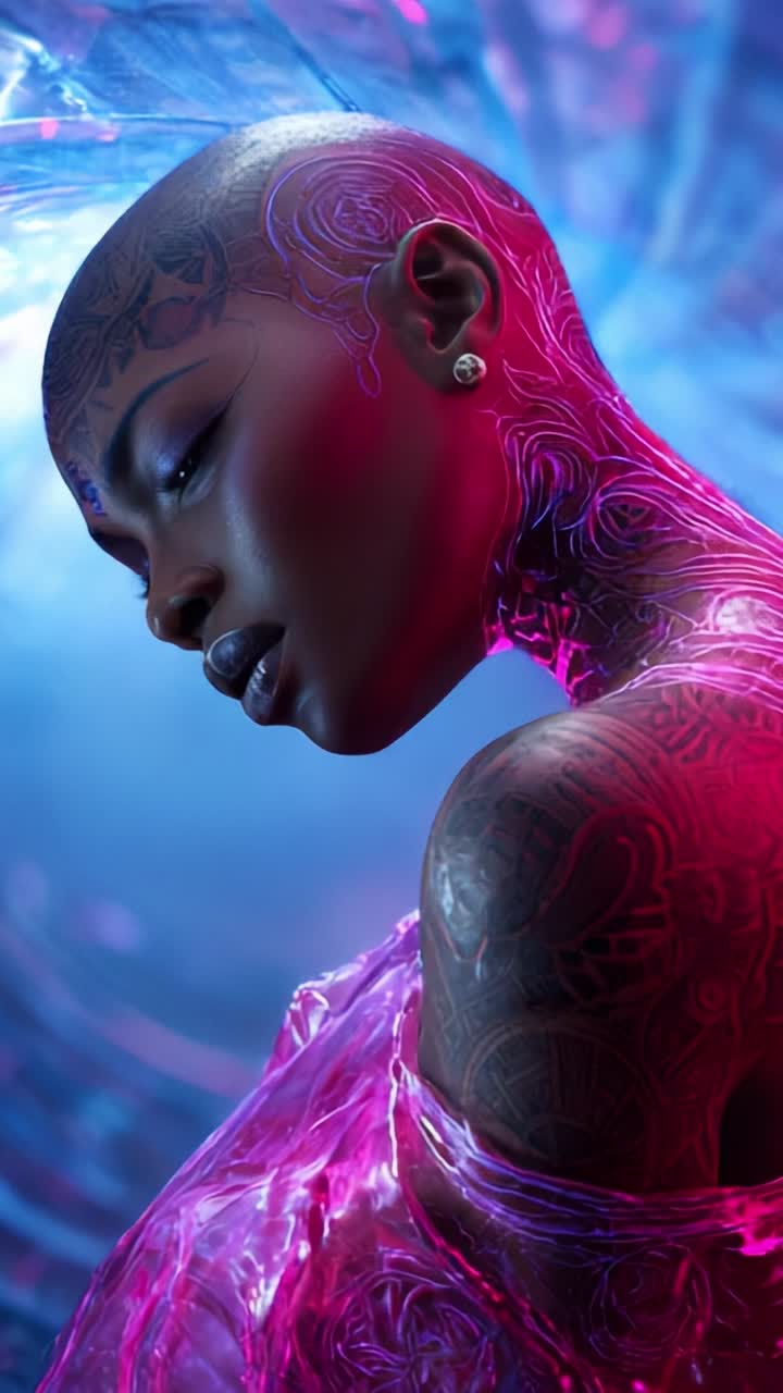 Æterisk skønhed: Et slående portræt af en skaldet model med indviklet bodyart og en fascinerende farverig baggrund, der fanger essensen af moderne elegance og kunst.