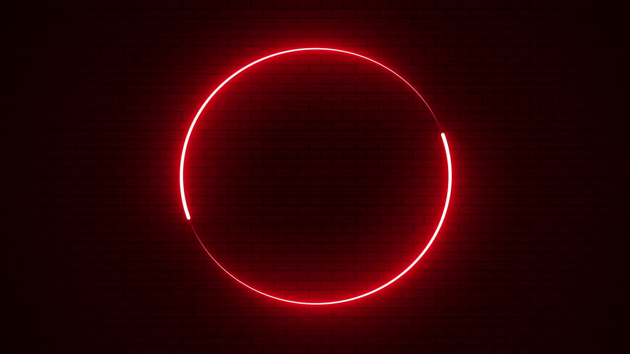 círculo de luz de neón color rojo abstracto fondo sin costuras pared de ladrillo púrpura