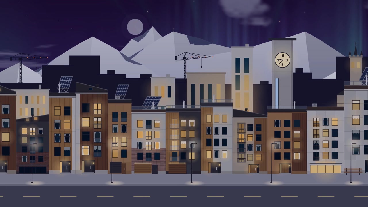 Time-lapse giorno-notte ripetibile di uno skyline urbano in stile cartone animato, con edifici moderni sullo sfondo di montagne distanti