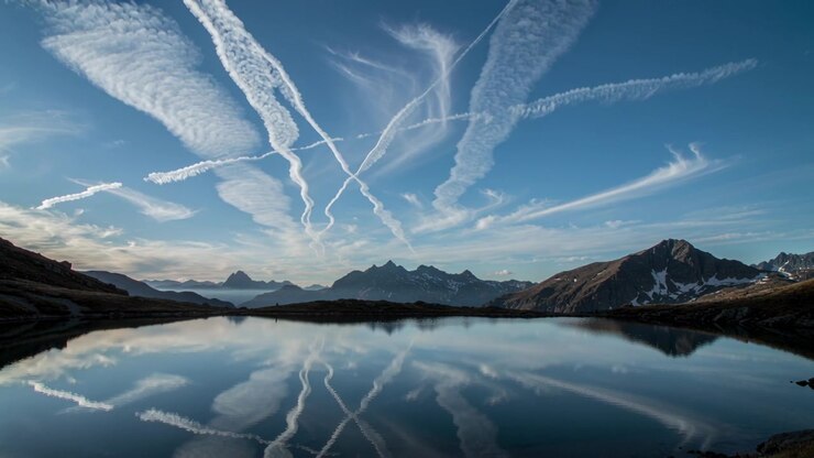 Mostra scie di condensazione che si diffondono a causa dei forti venti che provocano cambiamenti speculari sul lago di montagna