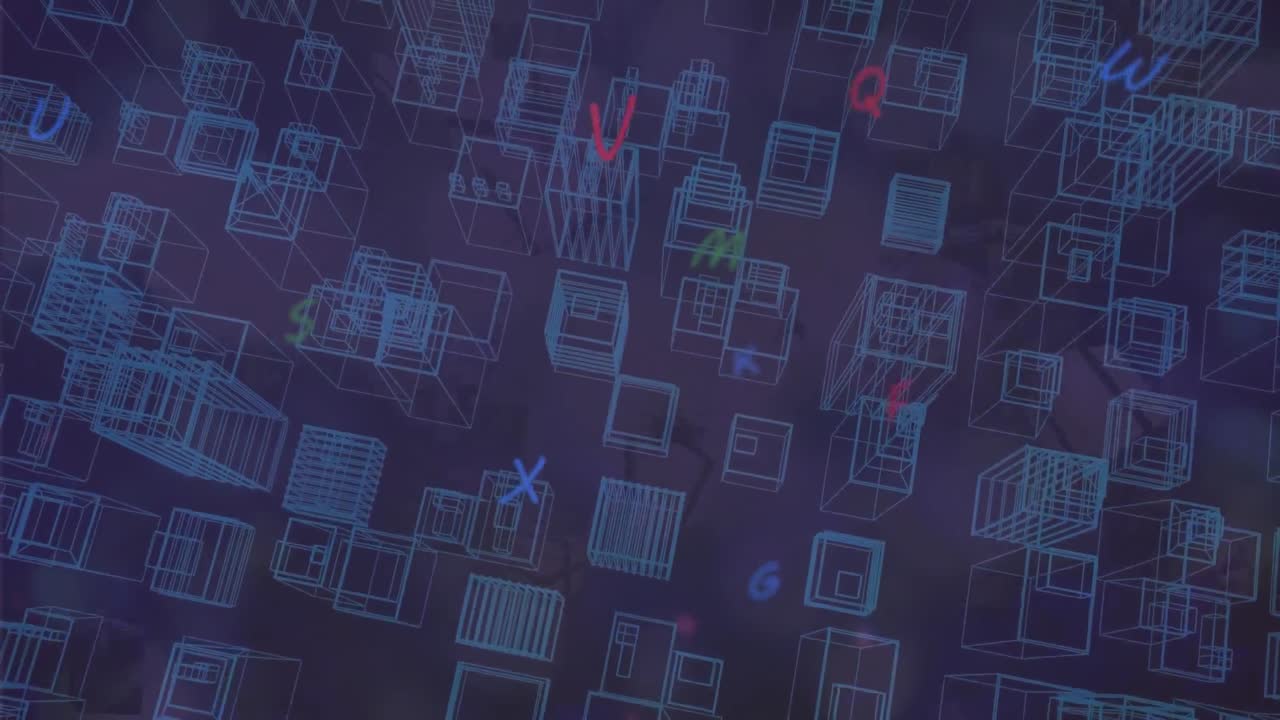 Animation of flying colorful letters over cityscape