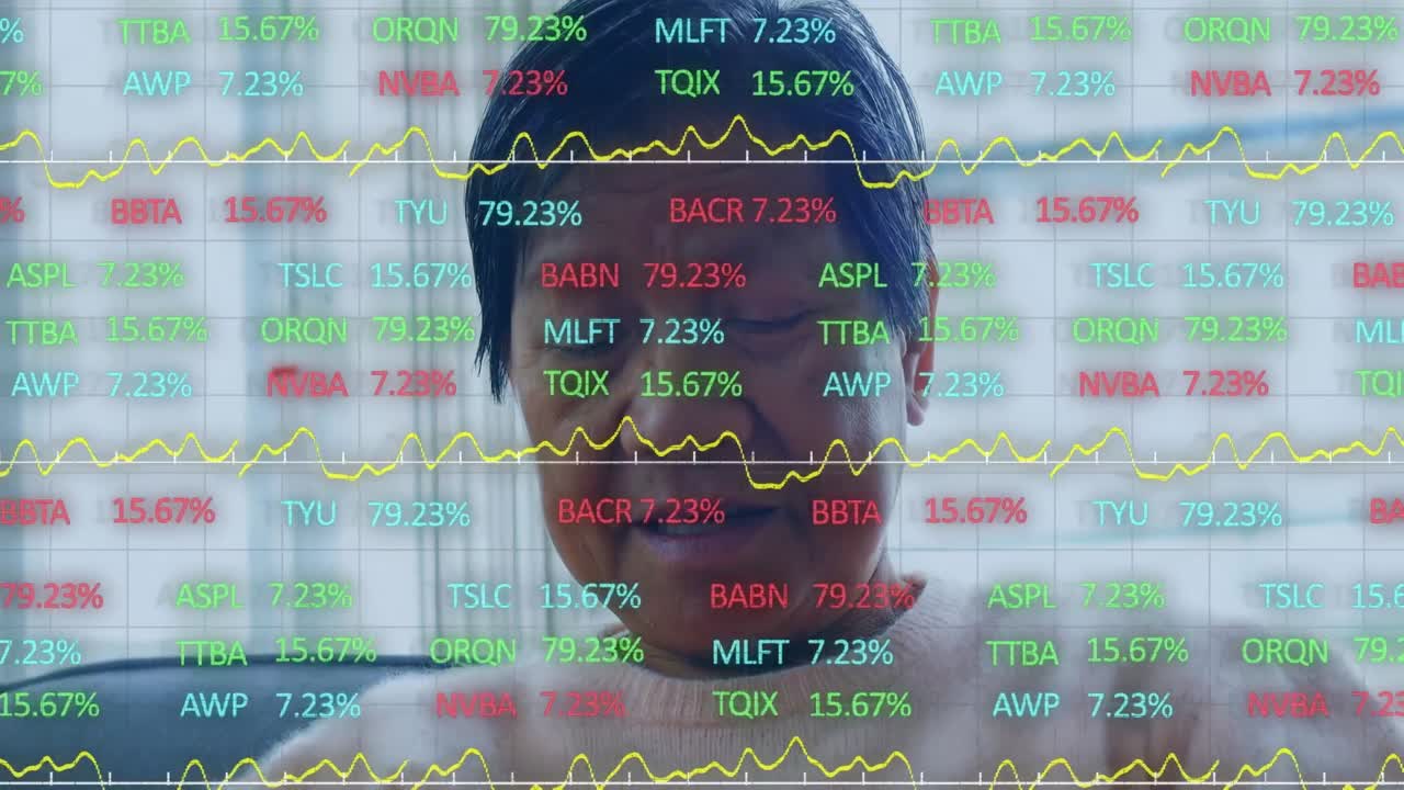 Animation of financial graphs and data over senior asian woman using smartphone