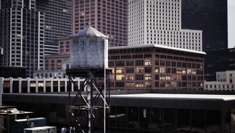 a water tower stands tall above the city skyline