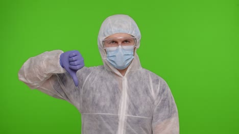 dissatisfied doctor showing thumbs down, say no, dislike with bad results coronavirus vaccination
