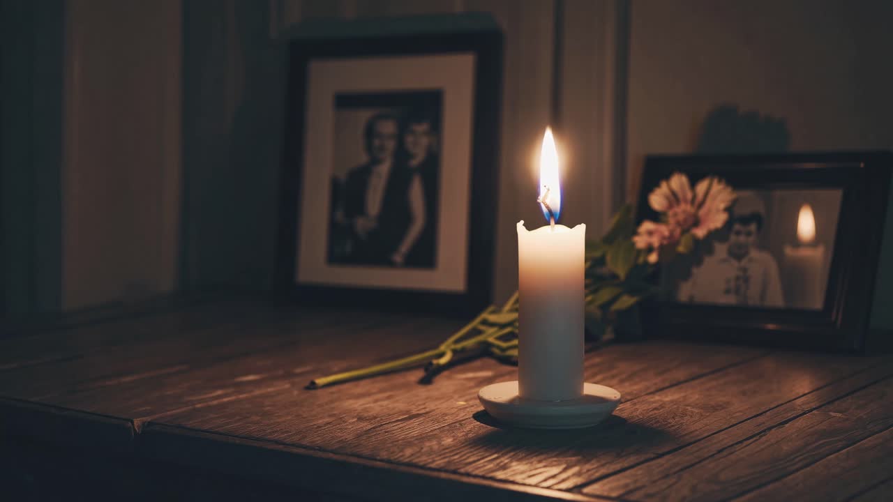 A dimly lit video scene with a candle in focus on a wooden table, framed photos and flowers