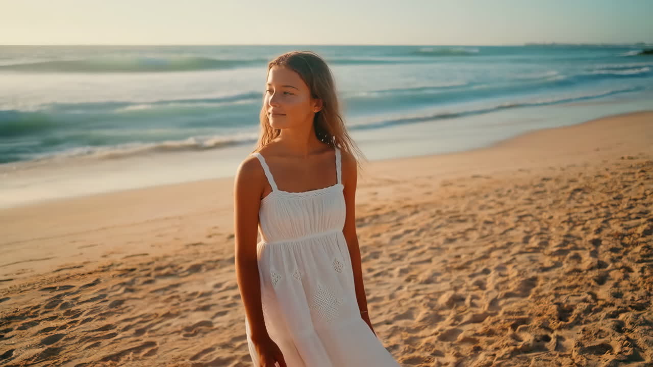 Young Woman in White Dress Walking on a Beach at Sunset
