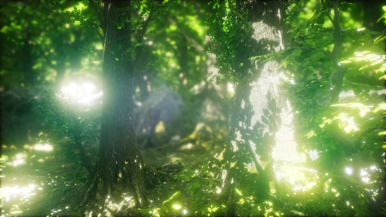 bosque pintoresco de árboles caducifolios verdes frescos enmarcados por hojas