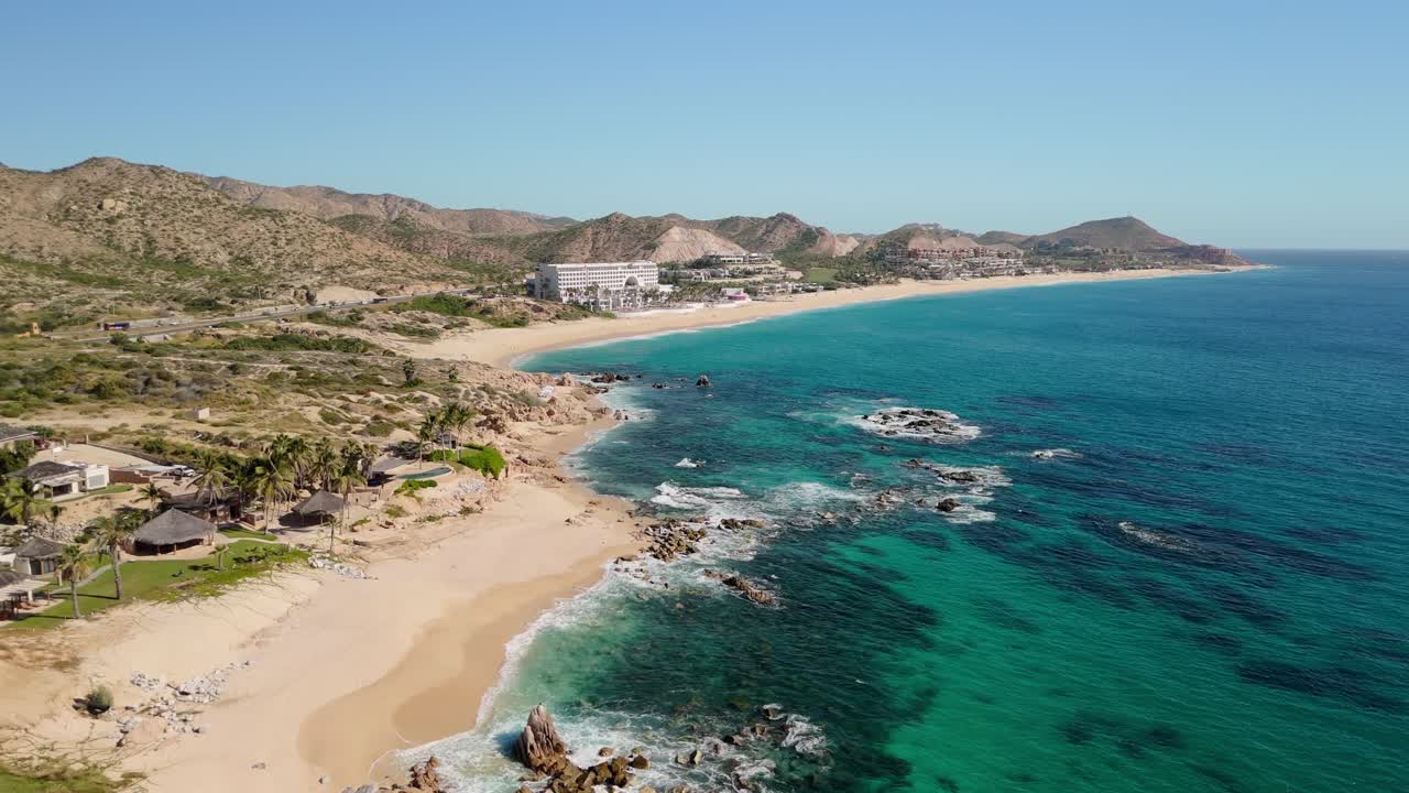 Slow drone view of a pretty beach in Cabo San Lucas Mexico near San José del Cabo