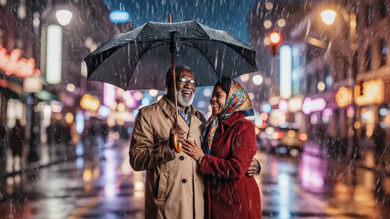 Romantic African American Couple Sharing an Umbrella in the Rain